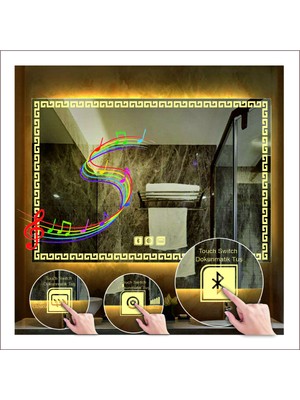 60X80 cm Günışığı Ledli Tasarım Kumlamalı Dokunmatik Bluetoothlu Buğu Önleyicili Makyaj Banyo Aynası