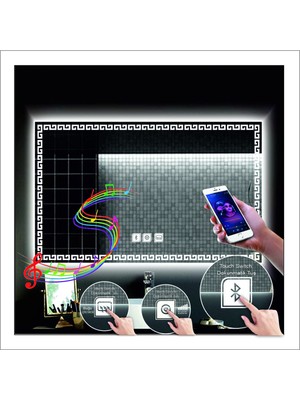 80X120 cm Beyaz Ledli Tasarım Kumlamalı Dokunmatik Bluetoothlu Buğu Önleyicili Makyaj Banyo Aynası