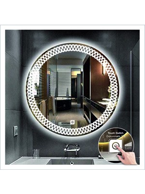 90 cm Beyaz Ledli Tasarım Kumlamalı Dokunmatik Tuşlu Banyo Aynası Makyaj Aynası Işıklı Ayna