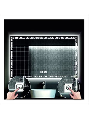 80X100 cm Beyaz Ledli Tasarım Kumlamalı Dokunmatik Tuşlu Buğu Önleyicili Banyo Aynası Makyaj Aynası