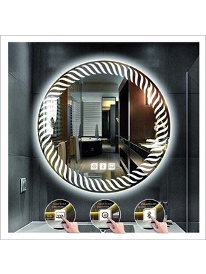 Global Led Mirror 90 cm Beyaz Ledli Tasarım Kumlamalı Dokunmatik Bluetoothlu Buğu Önleyicili Banyo Aynası Makyaj Ayna