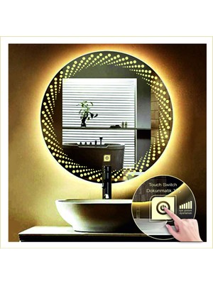 Global Led Mirror 55 cm Günışığı Ledli Tasarım Kumlamalı Dokunmatik Tuşlu Banyo Aynası Makyaj Aynası Işıklı Ayna