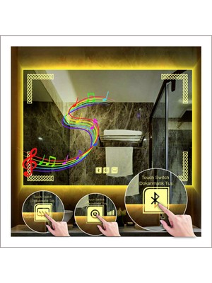 70X100 cm Günışığı Ledli Tasarım Kumlamalı Dokunmatik Bluetoothlu Buğu Önleyicili Banyo Aynası