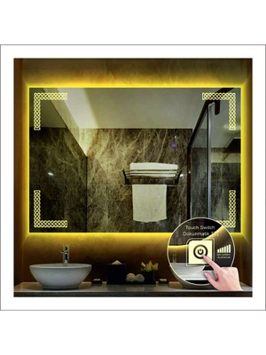 70X100 cm Günışığı Ledli Tasarım Kumlamalı Dokunmatik Tuşlu Banyo Aynası Makyaj Aynası Işıklı Ayna
