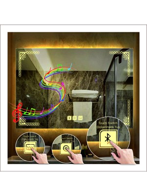 50X70 cm Günışığı Ledli Tasarım Kumlamalı Dokunmatik Bluetoothlu Buğu Önleyicili Makyaj Banyo Aynası