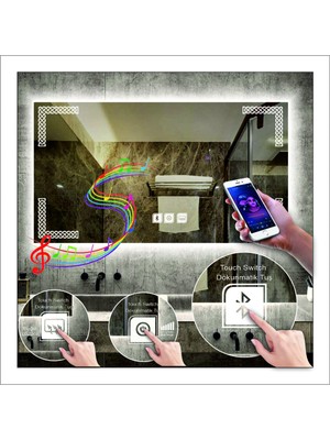 60X80 cm Beyaz Ledli Tasarım Kumlamalı Dokunmatik Bluetoothlu Buğu Önleyicili Makyaj Banyo Aynası