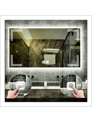 70X90 cm Beyaz Ledli Tasarım Kumlamalı Dokunmatik Tuşlu Buğu Önleyicili Banyo Aynası Makyaj Aynası