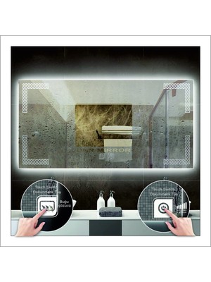 70X90 cm Beyaz Ledli Tasarım Kumlamalı Dokunmatik Tuşlu Buğu Önleyicili Banyo Aynası Makyaj Aynası