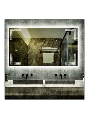 65X90 cm Beyaz Ledli Tasarım Kumlamalı Banyo Aynası Makyaj Aynası Işıklı Ayna