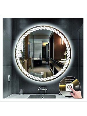 Global Led Mirror 80 cm Beyaz Ledli Tasarım Kumlamalı Dokunmatik Tuşlu Banyo Aynası Makyaj Aynası Işıklı Ayna