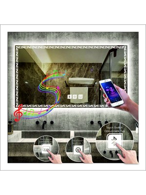 75X105 cm Beyaz Ledli Tasarım Kumlamalı Dokunmatik Bluetoothlu Buğu Önleyicili Makyaj Banyo Aynası