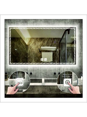 80X100 cm Beyaz Ledli Tasarım Kumlamalı Dokunmatik Tuşlu Buğu Önleyicili Banyo Aynası Makyaj Aynası