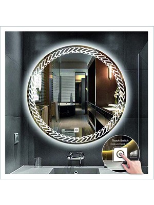 50 cm Beyaz Ledli Tasarım Kumlamalı Dokunmatik Tuşlu Banyo Aynası Makyaj Aynası Işıklı Ayna