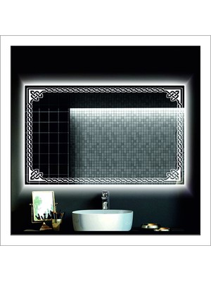 50X70 cm Beyaz Ledli Tasarım Kumlamalı Banyo Aynası Makyaj Aynası Işıklı Ayna