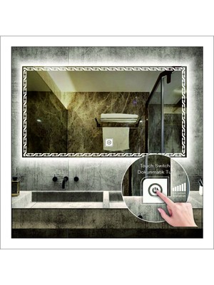 80X100 cm Beyaz Ledli Tasarım Kumlamalı Dokunmatik Tuşlu Banyo Aynası Makyaj Aynası Işıklı Ayna