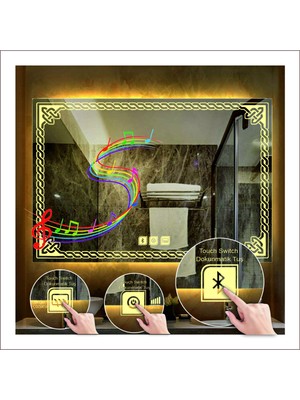 80X100 cm Günışığı Ledli Tasarım Kumlamalı Dokunmatik Bluetoothlu Buğu Önleyicili Banyo Aynası
