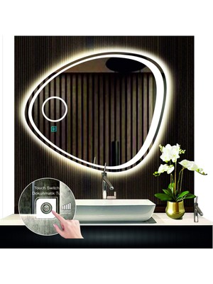 80 cm Çapında Dokunmatik Ledli Kumlamalı Makyaj Aynalı Asimetrik Banyo Aynası Dekoratif Ledli