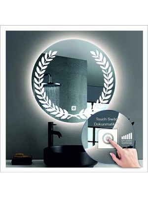 Global Led Mirror 55 cm Beyaz Ledli Tasarım Kumlamalı Dokunmatik Tuşlu Banyo Aynası Makyaj Aynası Işıklı Ayna