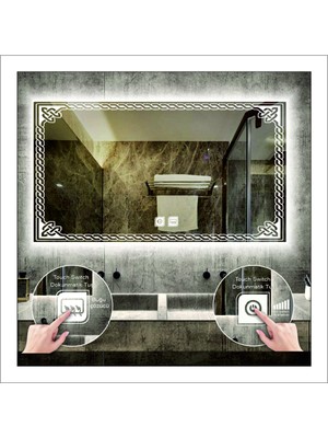 Global Led Mirror 80X120 cm Beyaz Ledli Tasarım Kumlamalı Dokunmatik Tuşlu Buğu Önleyicili Banyo Aynası Makyaj Aynası