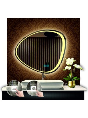70 cm Çapında Buğu Çözücülü Dokunmatik Ledli Kumlamalı Asimetrik Banyo Aynası Dekoratif LED Işıklı