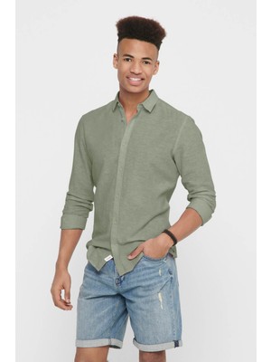 Only & Sons Erkek Onscaiden Slim Fit Keten Gömlek 22012321 Yeşil