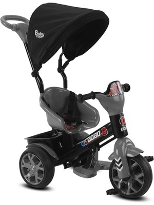 Babyhope Bobo Speed Tente ile Çocuk Bisikleti - Plastik Gövde, Ebeveyn Kontrolü, 1-4 Yaş Arası, Gri Renk, Müzikli Ön Konsol ve Oyuncak Sepeti