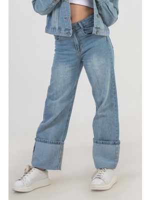 Hopi Kids Çocuk Kız Kot Panolon Katlamalı Paça D Hopi Kids - Mavi - 9-10 Yaş