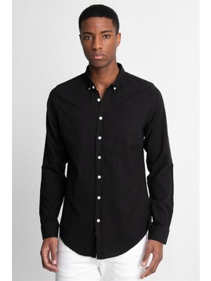 Tudors Slim Fit Uzun Kol Biyeli Yaka Düğmeli Keten Erkek Gömlek - Tudors