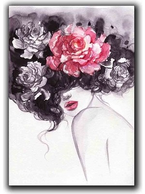 Pembe Cıceklı Kadın Yaglı Boya Dokulu Tablo