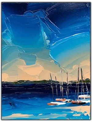 Gün Batımı Manzaralı Deniz ve Gemiler Yağlı Boya Dokulu Tablo