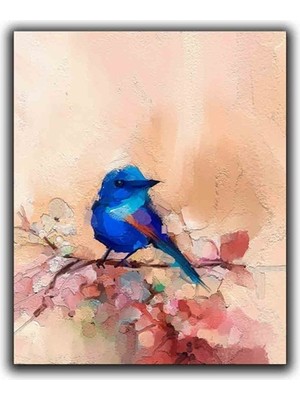 Cıcekte Mavı Kus Yaglı Boya Dokulu Tablo