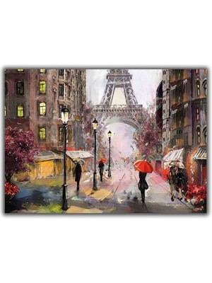 Yağmurlu Paris Sokakları Yaglı Boya Dokulu Tablo