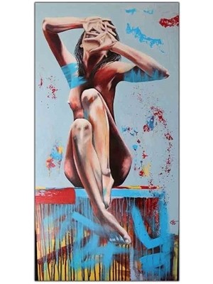 Mavi, Kırmızı ve Nü Kadın Yağlı Boya Dokulu Tablo