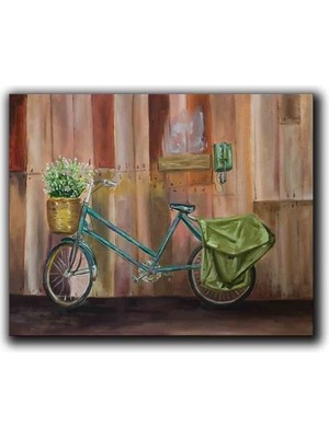 Çiçekli Mavi Bisiklet Yaglı Boya Dokulu Tablo