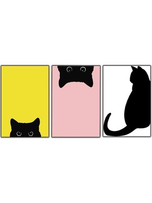 Beyaz Pembe ve Sarı Fonlu Kara Kedi Uc'lu Kanvas Tablo