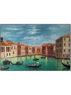 Venedik Yeşil Göl Manzara ve Gondolları Orijinal Yağlı Boya Tablo