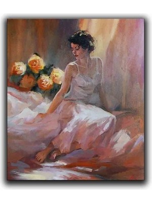 Cıceklerle Oturan Pembe Kadın Yaglı Boya Dokulu Tablo