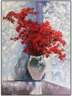 Vazodaki Kırmızı Çiçekler Yağlı Boya Dokulu Tablo
