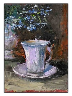 Kahve Fincanı ve Mavi Çicekler Yağlı Boya Dokulu Tablo