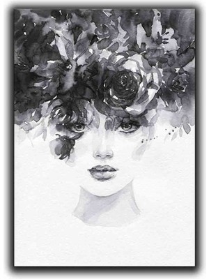 Siyah Beyaz Cıceklı Kadın Yaglı Boya Dokulu Tablo