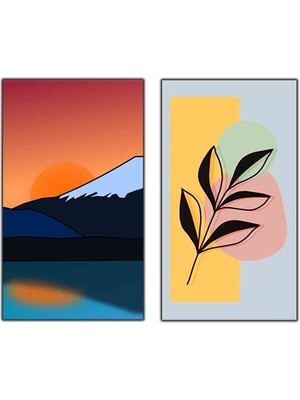 Karlı Dağda Gün Batımı Manzarası ve Yapraklar Ikili Kanvas Tablo