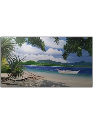 Bulutlu Sahil Manzaralı Sandal ve Kum Orijinal Yağlı Boya Tablo