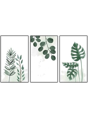 Palmiye,okaliptus ve Yapraklar Uc'lu Kanvas Tablo