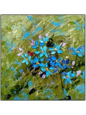 Mavi Çiçekler ve Uğur Böceği Yağlı Boya Dokulu Tablo