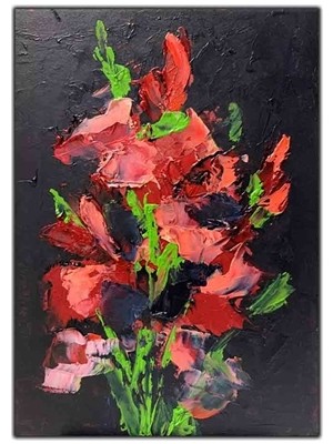 Yapraklarındaki Kırmızı Çicekler Yağlı Boya Dokulu Tablo