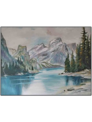 Karlı Dağ Manzarası Göl ve Ağaçlar Orijinal Yağlı Boya Tablo