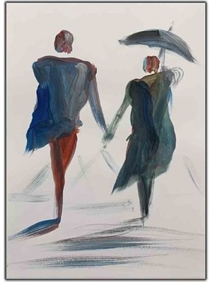 El Ele Yağmur Altında Yürüyen Çift Yağlı Boya Dokulu Tablo