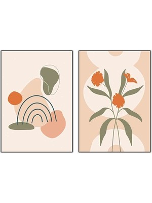 Soyut Turuncu Çicekler ve Mavi Gökkuşağı Ikili Kanvas Tablo