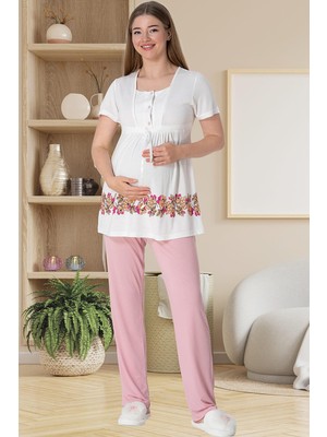 Mecit Pijama Mecit 5800 Bloom Pembe Sabahlıklı Lohusa Pijama Takımı