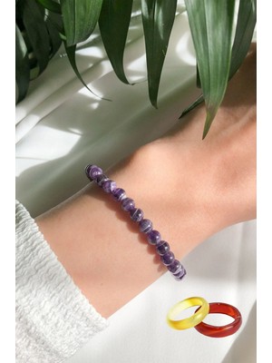 NehirTaş Sertifikalı   Ametist Doğal Taş Bileklik 6 mm + 1 Adet Akik Yüzük Ile Birlikte Gönderilir